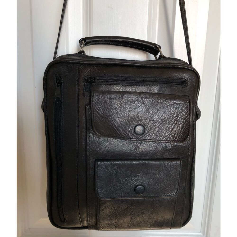 UNISEX LEATHER - Utilitarian Black All-Leather Bag w/Multi Compartments
